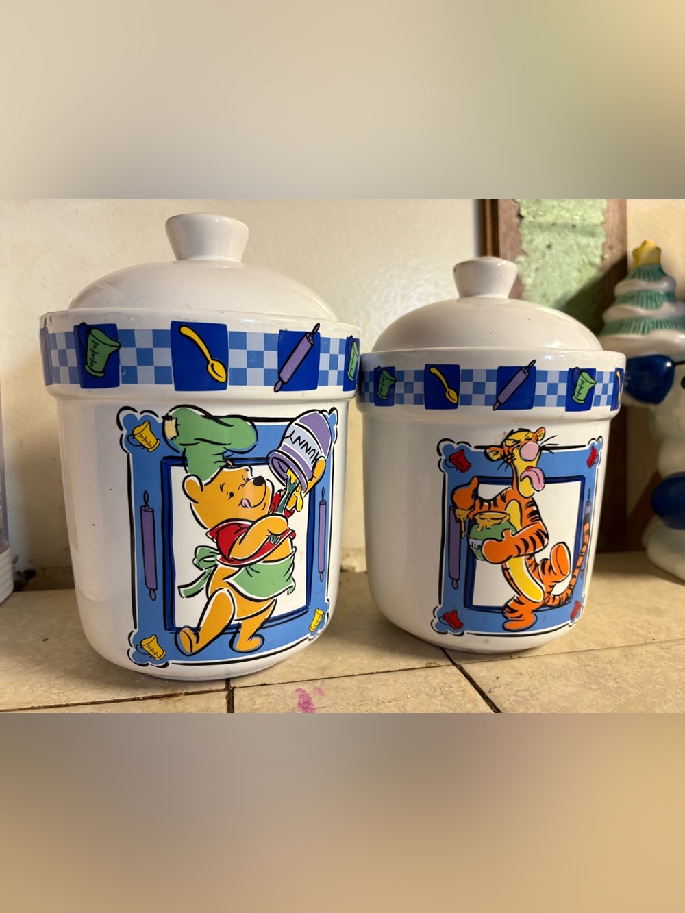 Winnie the Pooh Ceramic Kitchen Canisters - White with Blue Accent